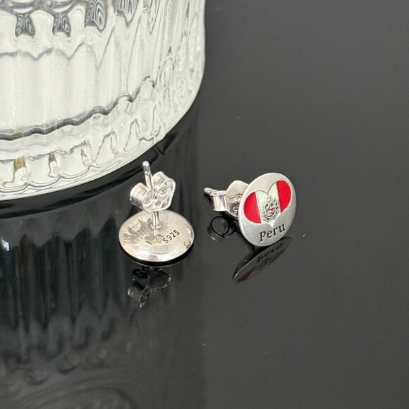 Peru Heart Flag Earrings S925 Sterling Silver Handmade Ear Stud - Picture 2 of 3
